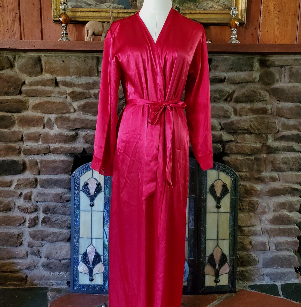 Jones New York Satin Robe S/M Red Long Maxi Kimono Wrap Loungewear Belted